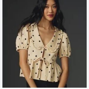 Polka Dot Tie-Front Peplum Top in Cream
